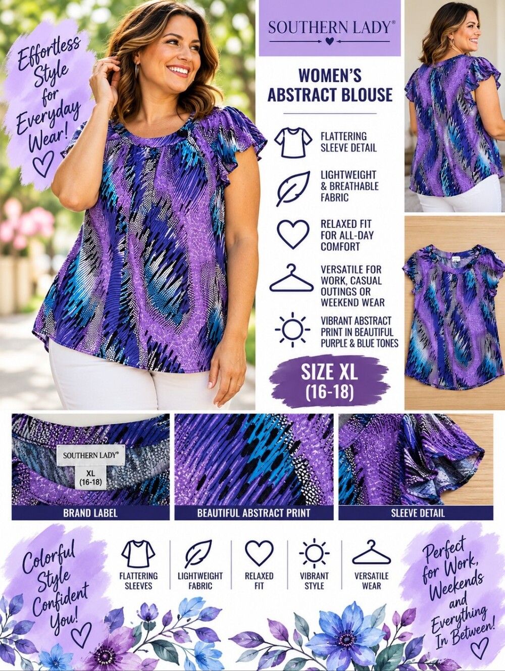Southern lady Women's XL purple abstract blouse #35
